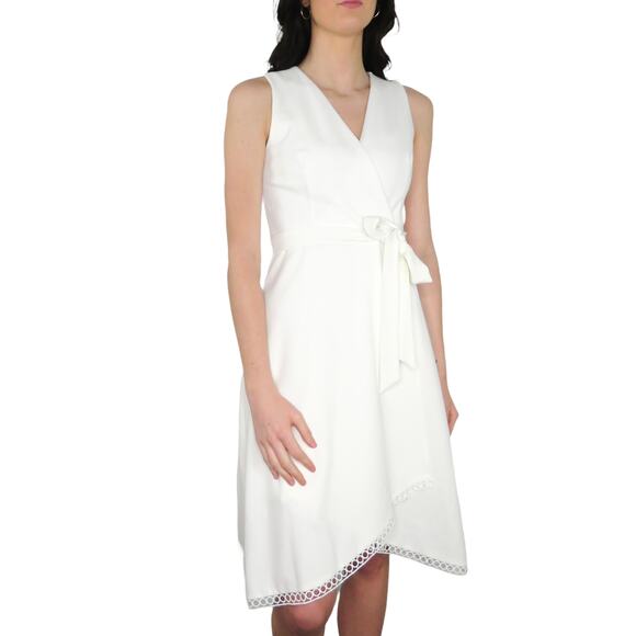 DKNY White Wrap Dress Embroidered Hem Formal Midi Dress Sleeveless Size 8 - Picture 1 of 7